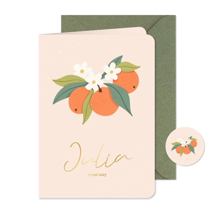 Trendy geboortekaartje oranje met sinaasappels goudfolie