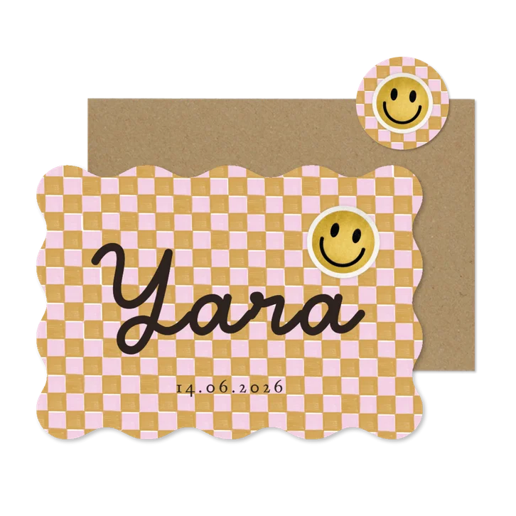 Trendy geboortekaartje patroon blokjes smiley patch