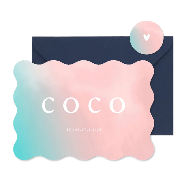 Trendy geboortekaartje turquoise roze overgang golf vorm