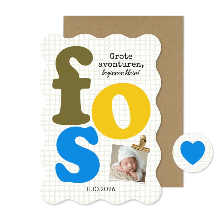 Trendy geboortekaartje wave typografisch kleurrijk ruit foto
