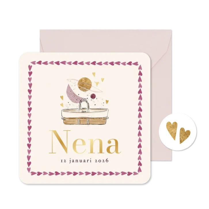 Trendy geboortekaartje wiegje astrologie maan hartjes goud