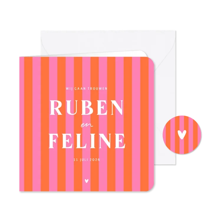 Trendy hip trouwkaartje gestreept roze oranje hartje