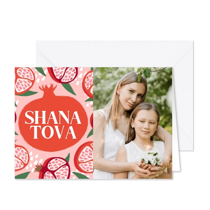 Trendy kaart Joods nieuwjaar Shana Tova granaatappel foto