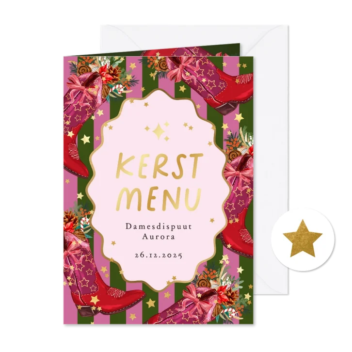 Trendy kaart kerstmenu cowboylaars botanische kersttakken