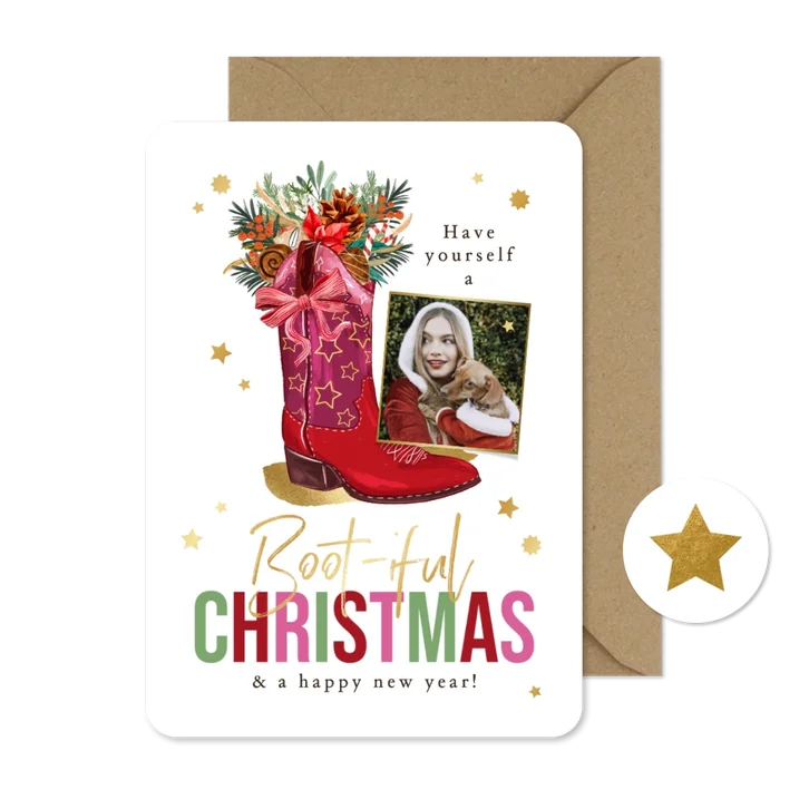 Trendy kerstkaart 'Boot-iful Christmas' laars botanisch goud