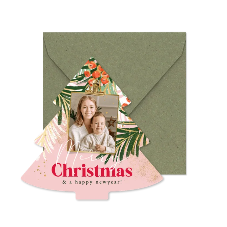 Trendy kerstkaart botanische takken foto goudlook