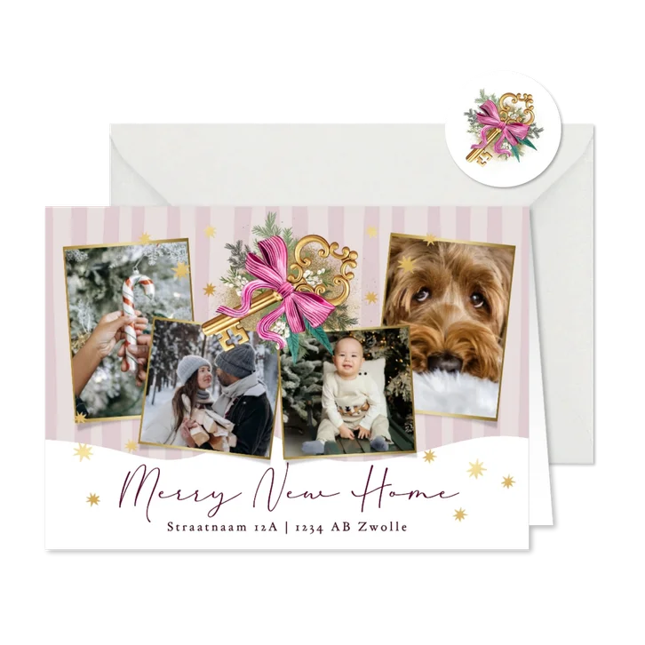 Trendy kerstkaart fotocollage merry new home sleutel sterren