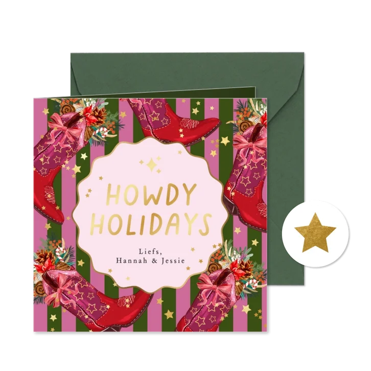 Trendy kerstkaart 'Howdy Holidays' cowboyboot botanisch goud