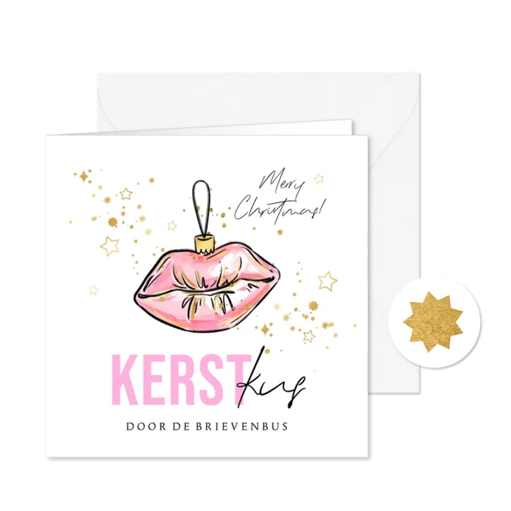 Trendy kerstkaart 'Kerst Kus' kitsch kerstbal goud sterren