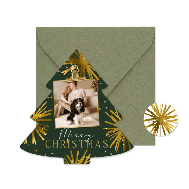 Trendy kerstkaart kerstboomvorm sterren goud foto