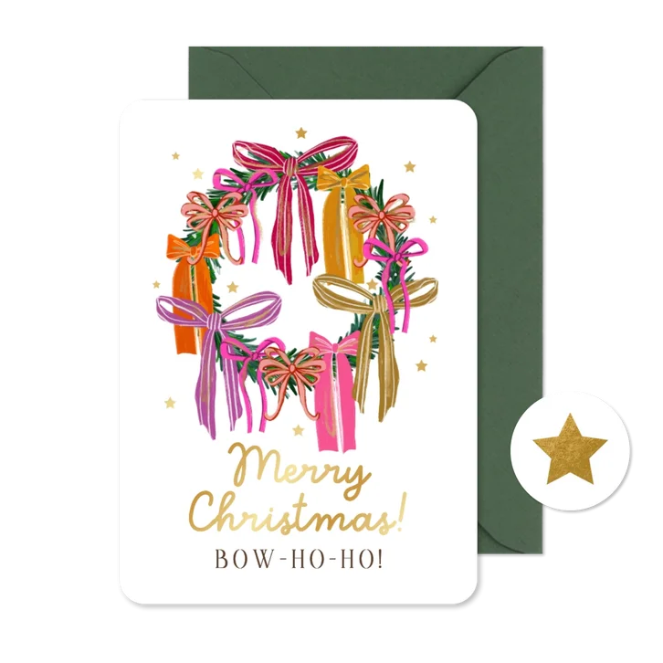 Trendy kerstkaart kerstkrans strikken kleurrijk ster goud