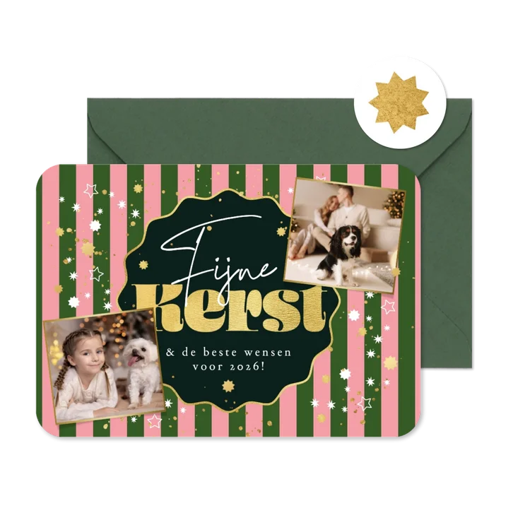 Trendy kerstkaart strepen patroon sterren goud foto