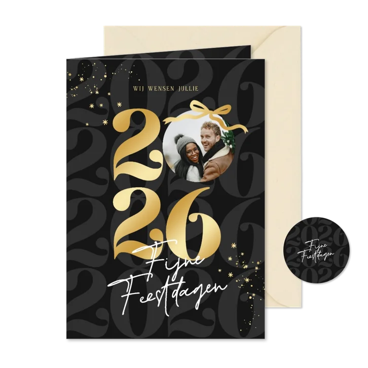 Trendy kerstkaart zwart strik jaartal goudlook met foto