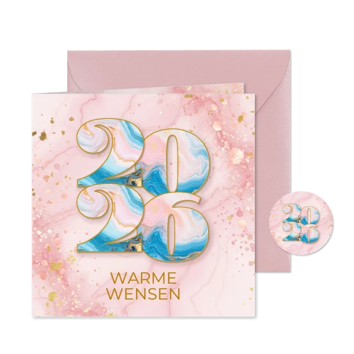 Trendy kerstkaartje roze verf met marmeren jaartal