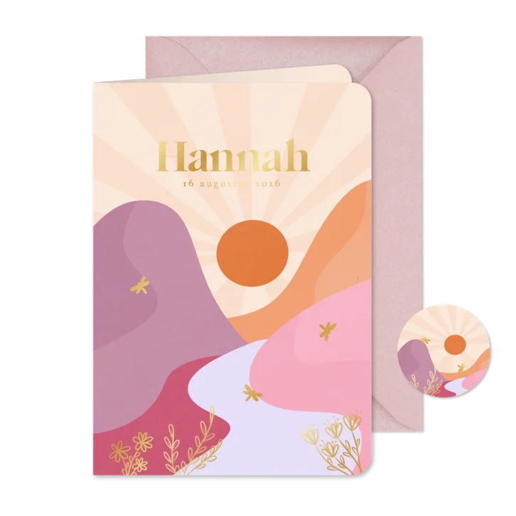 Trendy kleurrijk geboortekaartje met landschap libelle goud