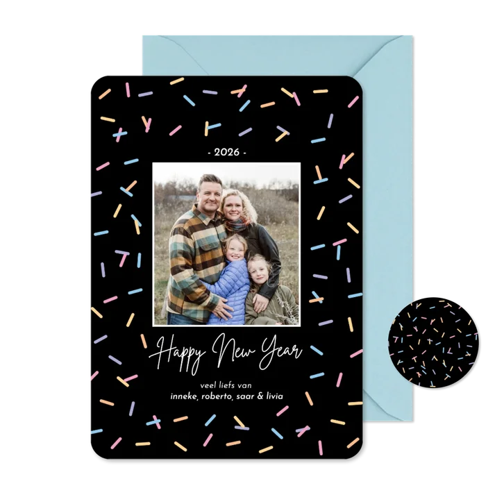 Trendy nieuwjaarskaart met vrolijke sprinkles foto