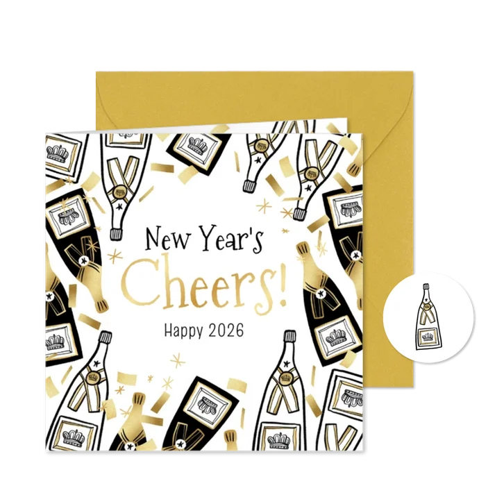 Trendy nieuwjaarskaart 'New Year's Cheers' champagne goud