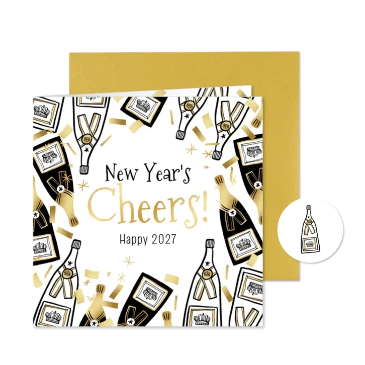 Trendy nieuwjaarskaart 'New Year's Cheers' champagne goud