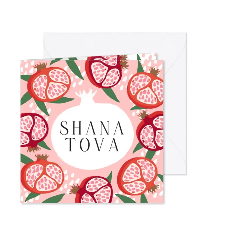 Trendy nieuwjaarskaart Shana Tova granaatappels roze
