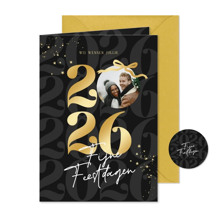 Trendy nieuwjaarskaart zwart strik jaartal goud met foto