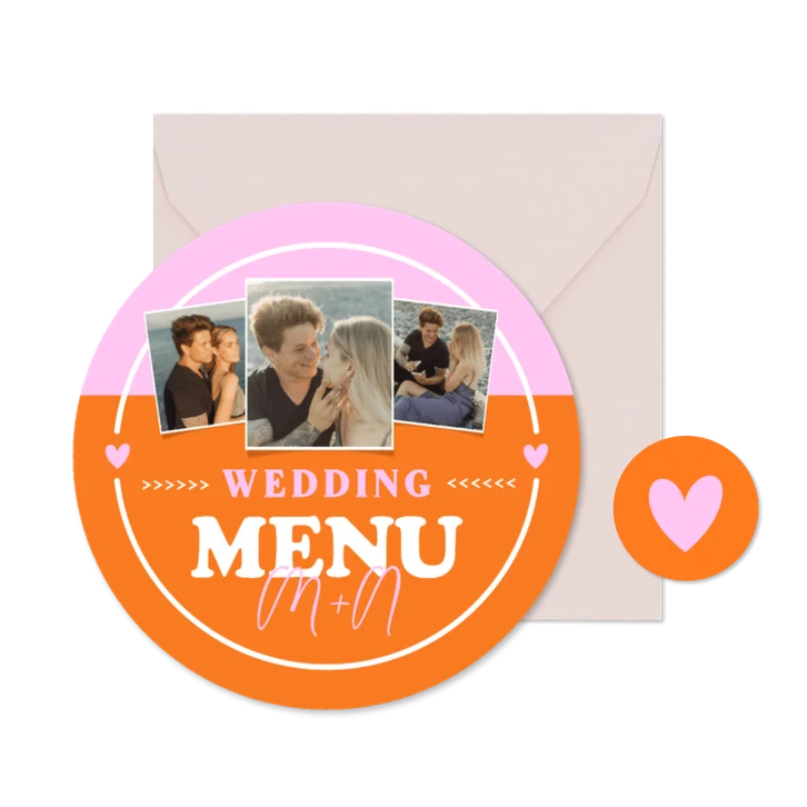 Trendy ronde colorblocking menukaart trouwen met 3 foto's