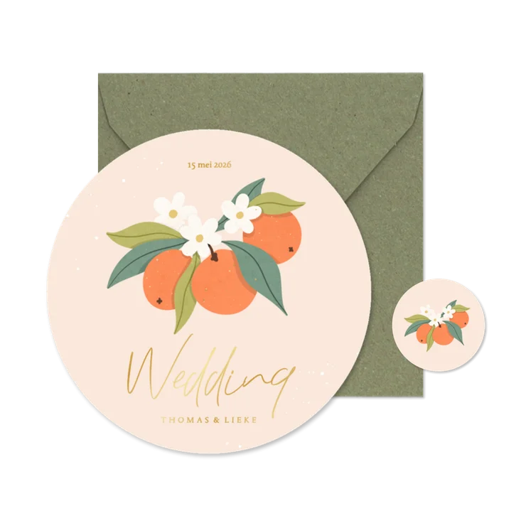 Trendy ronde trouwkaart oranje met sinaasappels goudfolie