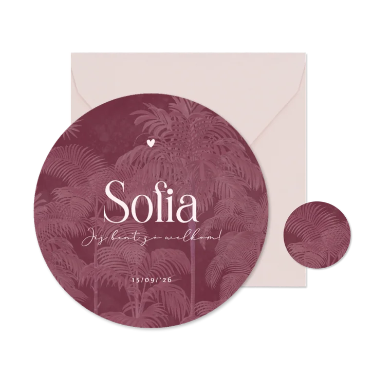 Trendy roze geboortekaartje met palmbomen patroon rond