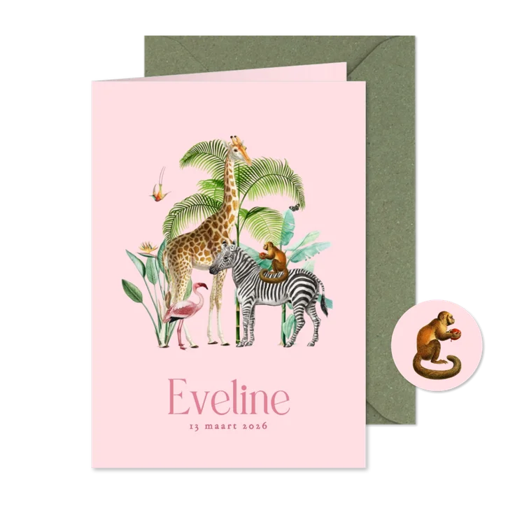 Trendy roze jungle geboortekaartje met giraf en zebra