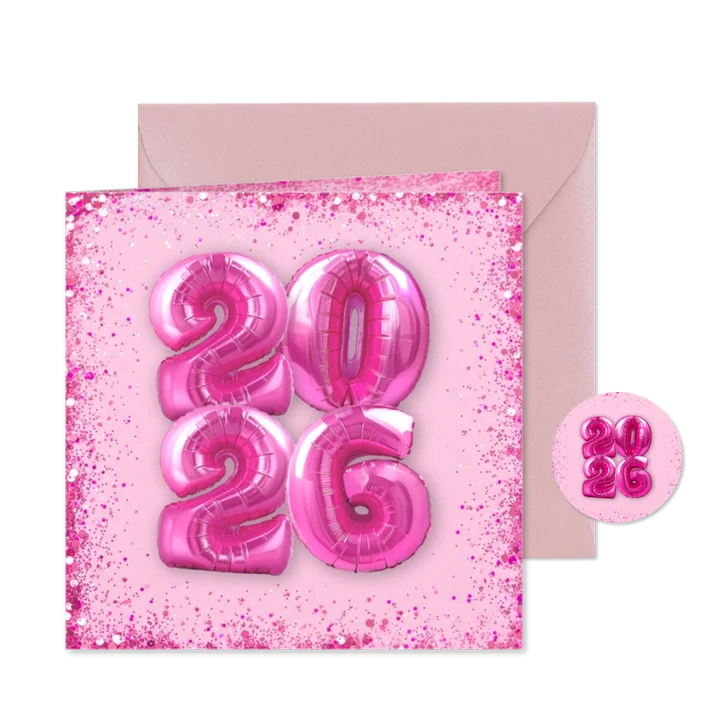 Trendy roze nieuwjaarskaart met glitters en groot jaartal