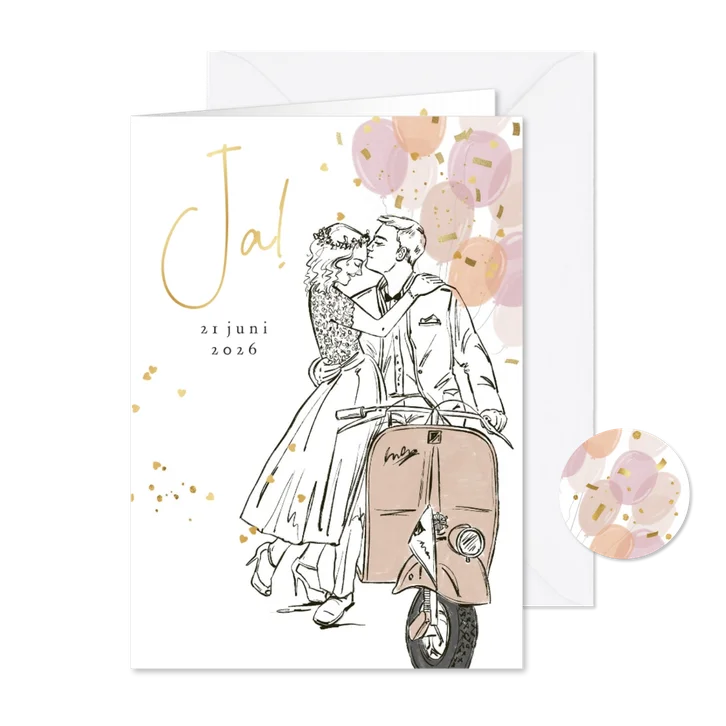 Trendy trouwkaart lijnillustratie koppel ballonnen goud