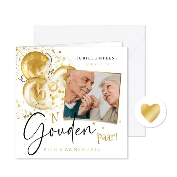 Trendy uitnodiging 50 jaar getrouwd gouden paar ballonnen