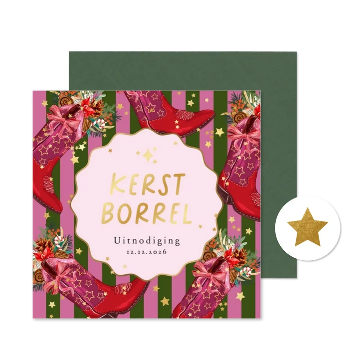 Trendy uitnodiging kerstborrel howdy holidays laars goud