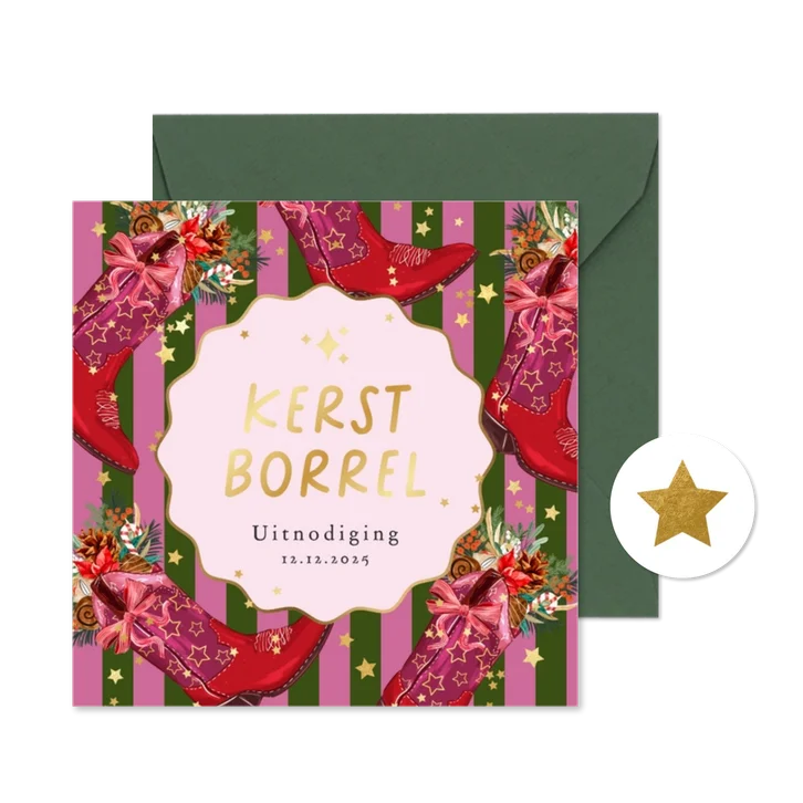 Trendy uitnodiging kerstborrel howdy holidays laars goud