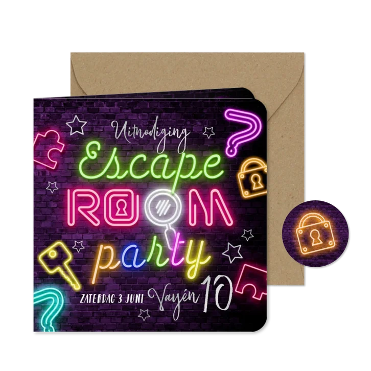 Trendy uitnodiging kinderfeest escape room neon