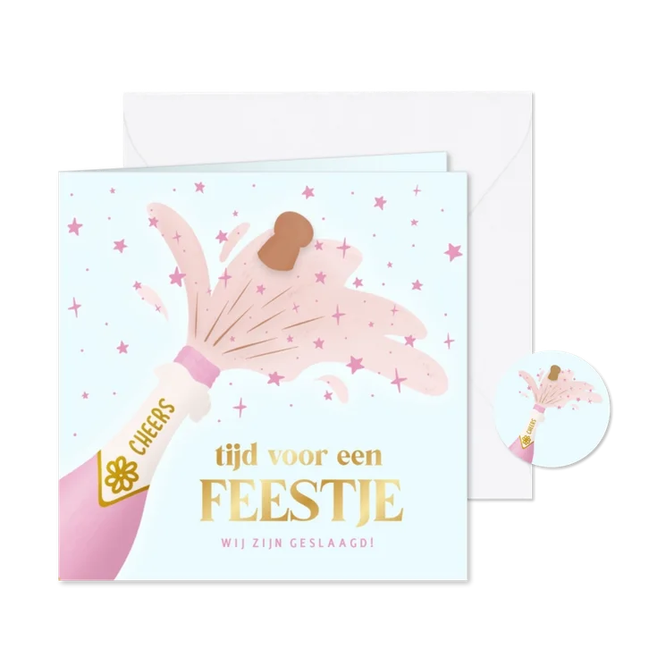 Trendy uitnodiging met roze champagnefles