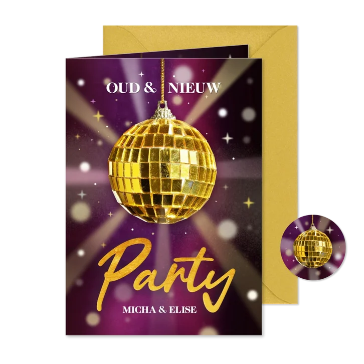 Trendy uitnodiging oud & nieuw feestje met discobal