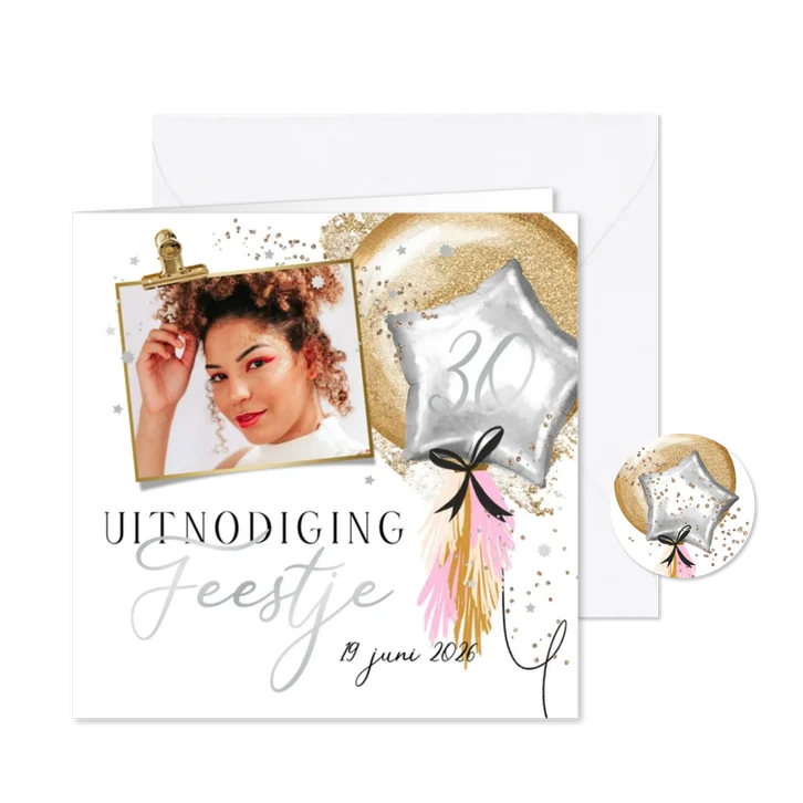 Trendy uitnodigingskaart feestje 30 ballonnen zilver