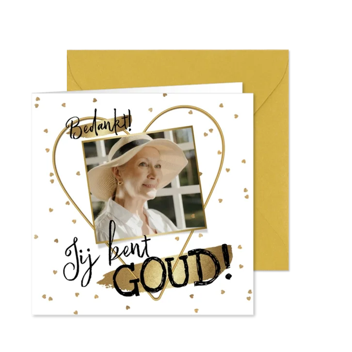 Trendy wenskaart bedankt goud waard foto compliment hartjes