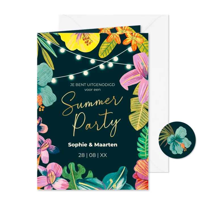 Tropisch hawaii zomer tuinfeest met bloemen en lichtjes