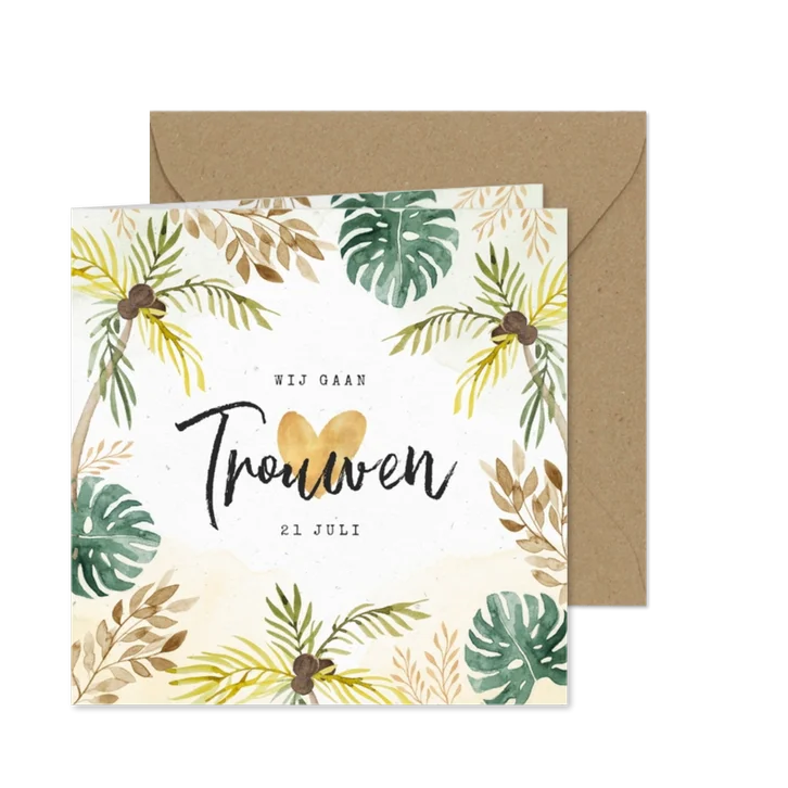 Tropische trouwkaart met palmbomen en bladeren