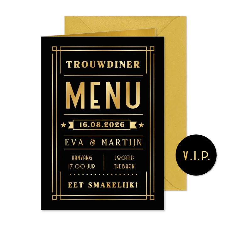 Trouwen menukaart zwart met foliedruk poster letters