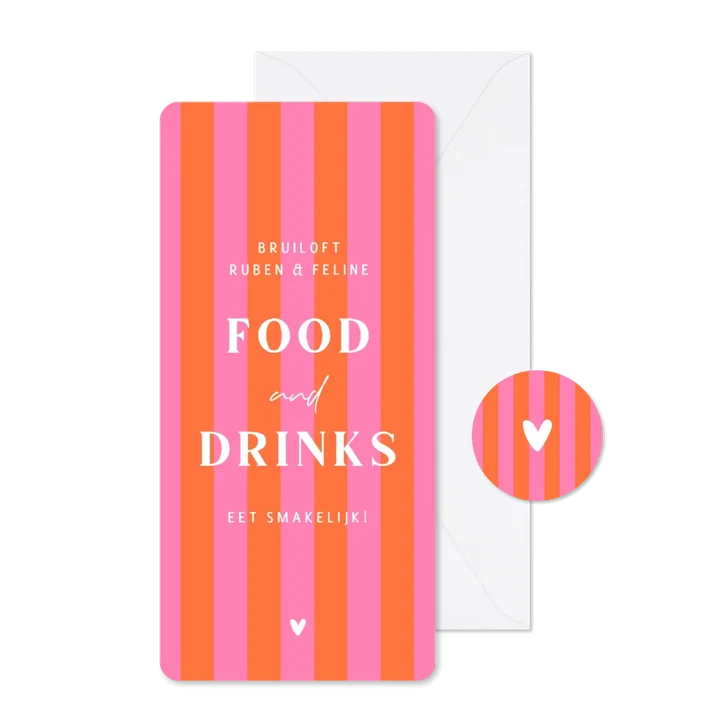 Trouwen oranje roze hippe menukaart hartje gestreept
