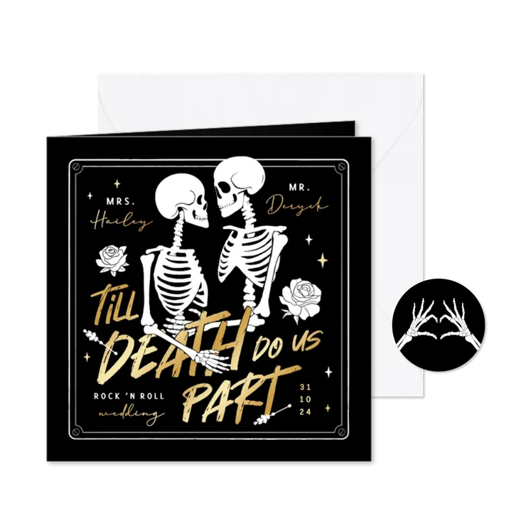 Trouwkaart alternatief skeletten romantisch zwart goud goth