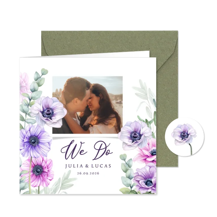 Trouwkaart anemoontjes eucalyptus