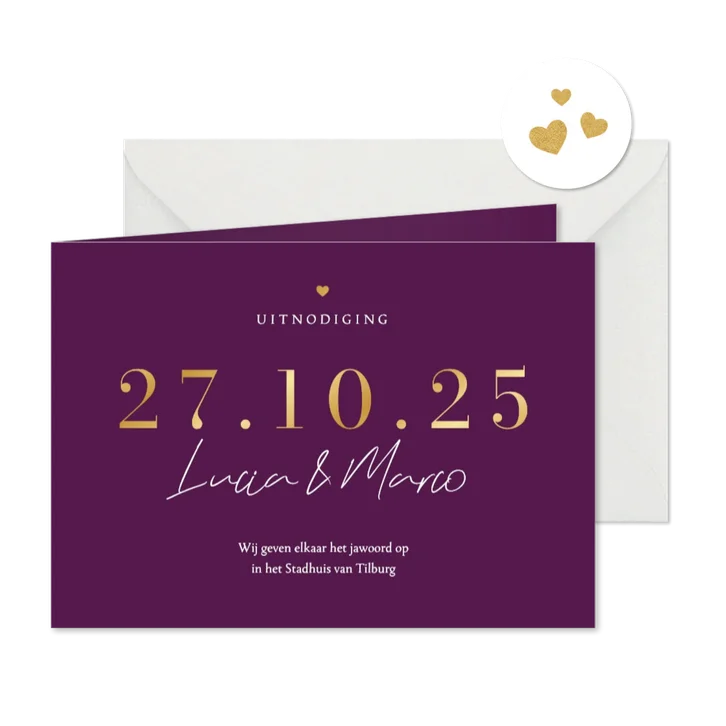 Trouwkaart aubergine paars stijlvol trouwdatum goud