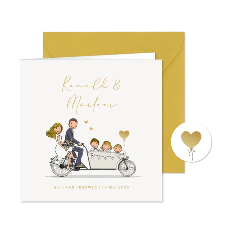 Trouwkaart bakfiets met gezin en hartjes