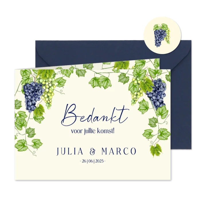Trouwkaart bedankt blauwe en groene druiven