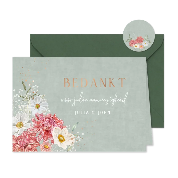 Trouwkaart bedankt dahliabloemen en herfstanemonen