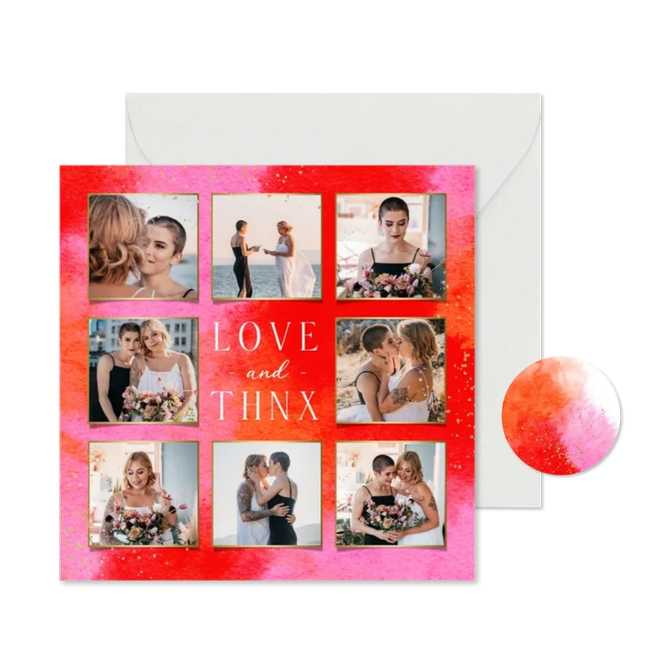 Trouwkaart bedankt waterverf roze trend fotocollage goud