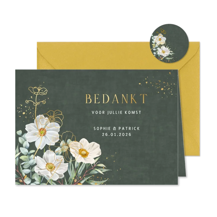 Trouwkaart bedankt witte herfstanemoontjes op groen fluweel